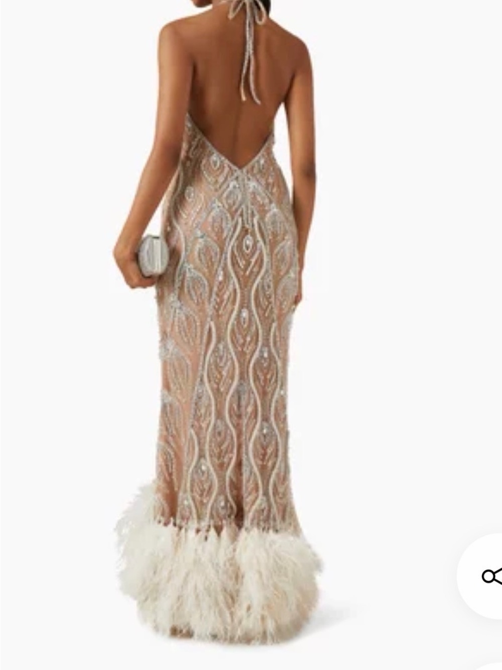 PatBO Nude Sequin Embellished Backless Feather Hem Gown